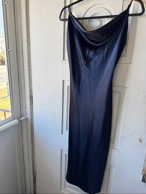 Petal and pup Navy Satin Slip Dress with Cowl Neck